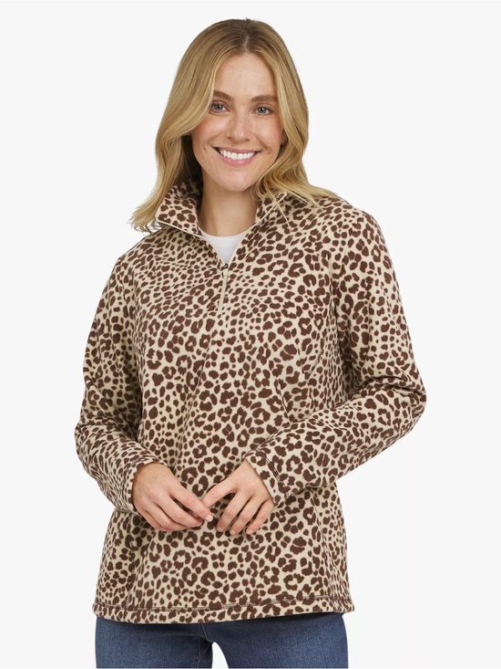 Lands' End Sweaters - Lands' End Leopard-Print Quarter Zip Fleece - Tan & Black Sz L